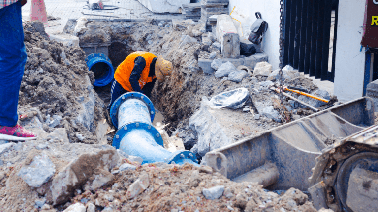 Thai constrcution worker is installing new pipe and sewage