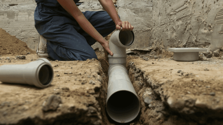 Process of installing PVC pipes sewage system in bathroom, DIY home renovation