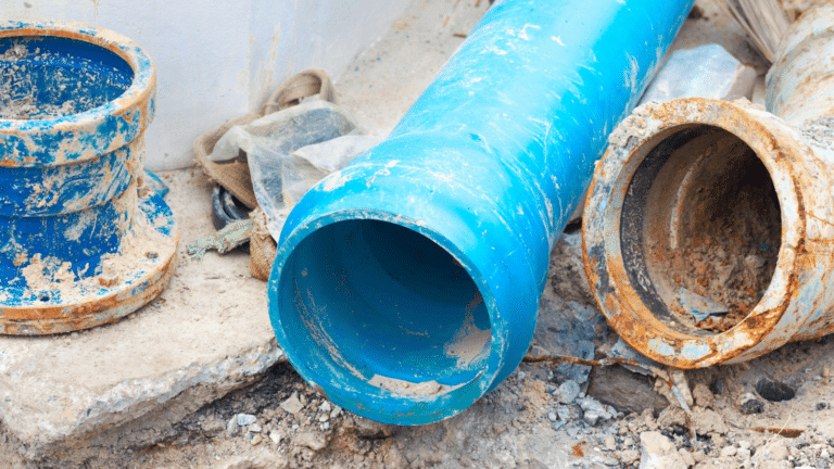 New and old sewer pipes at construction site in Bangkok Chatuchak