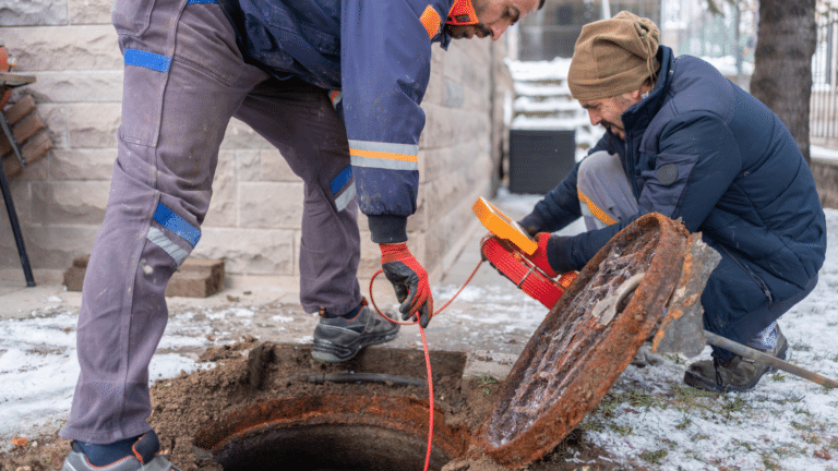 Plumbers Checking Sewer Manhole With Borescope Inspection Camera
