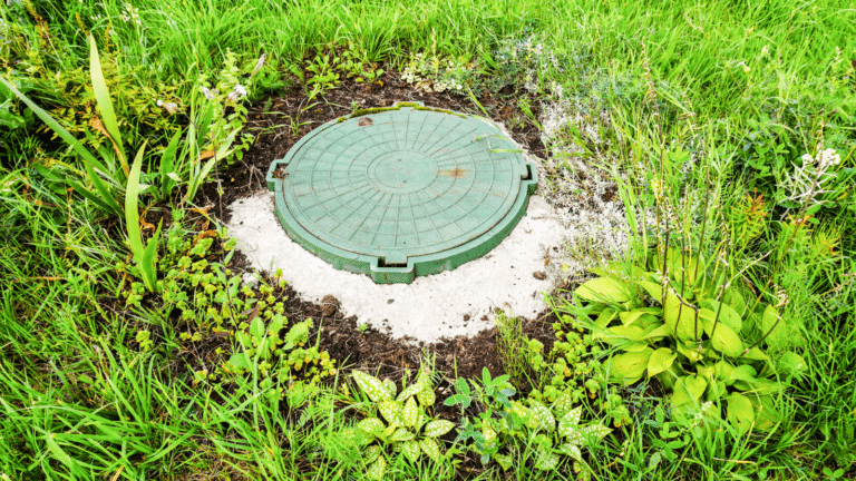 Covered sewer manhole with green plastic cover, sewage system. Sewerage networks for country houses. Sanitary sewer system manhole cover