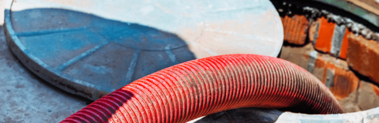Pumping out household septic tank. drain and sewage cleaning service. Pipe in the drainage pit