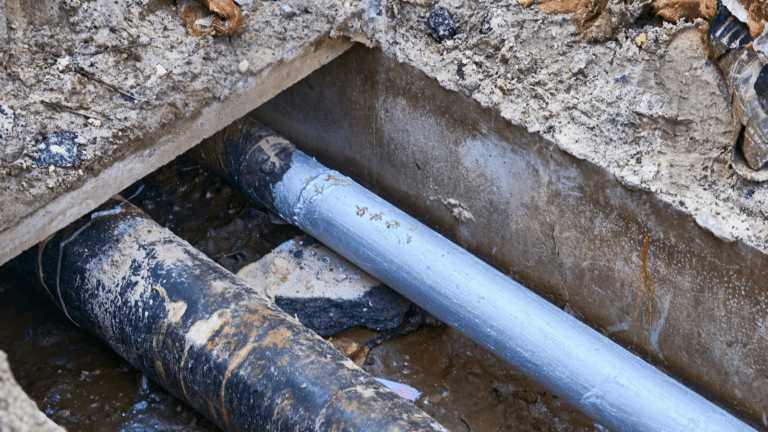 Excavated pit with plastic plumbing sewage pipes for repair and installation