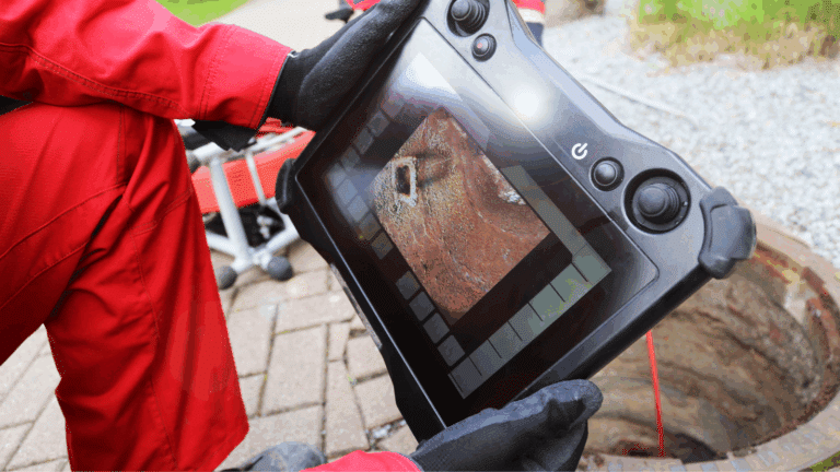 Technician inspecting a sewer line with a camera system