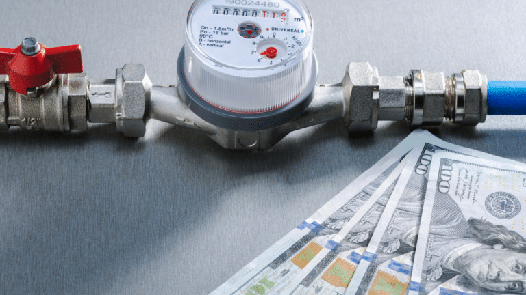 Water meter, water pipe with dollar banknotes on dark surface