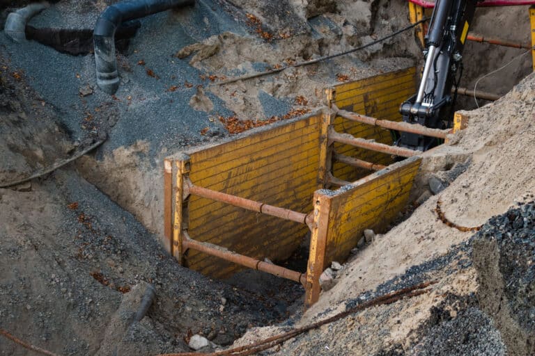 Keeping workers safe during trenching and excavation with safety equipment while doing construction work