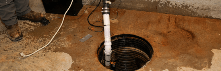 A plumber repairing a sump pump in a flooded basement in a residential home