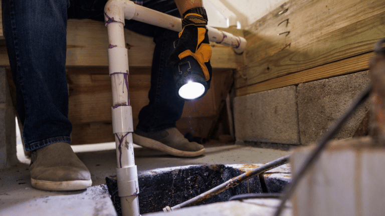 Sump pit crash inspection. Unrecognizable insurance claim agent's hands with flashlight inspect Sump Pit pipes, looking for damage